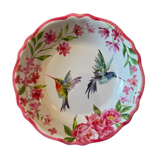 Soho Loft Hummingbird Pink Floral Melamine Serving Bowl 14" Round Scalloped New - Picture 1 of 10